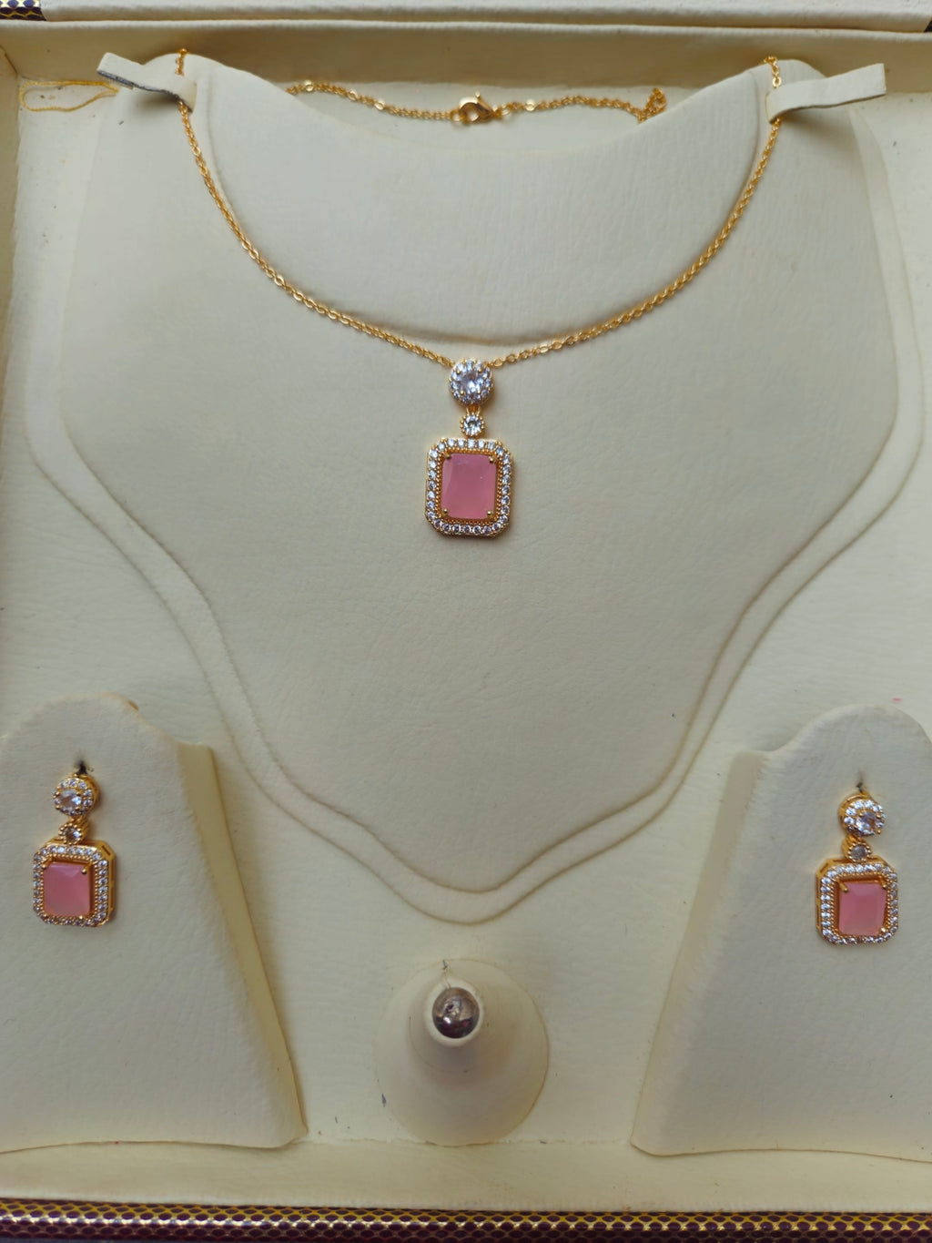 Elegant Gold Plated Cubic Zirconia Rectangle Stone Pendant Necklace & Earring Jewelry Set for Women
