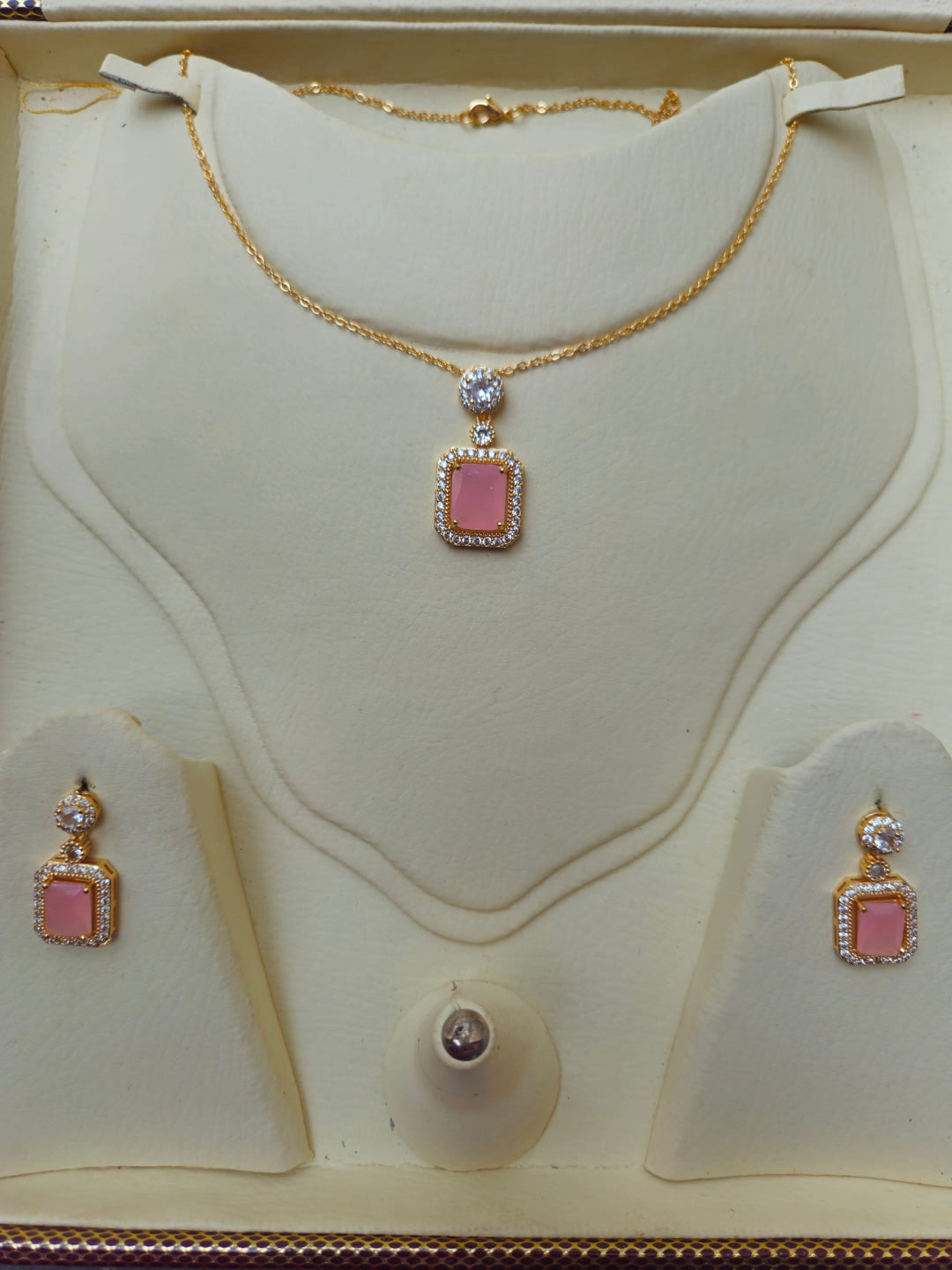 Elegant Gold Plated Cubic Zirconia Rectangle Stone Pendant Necklace & Earring Jewelry Set for Women
