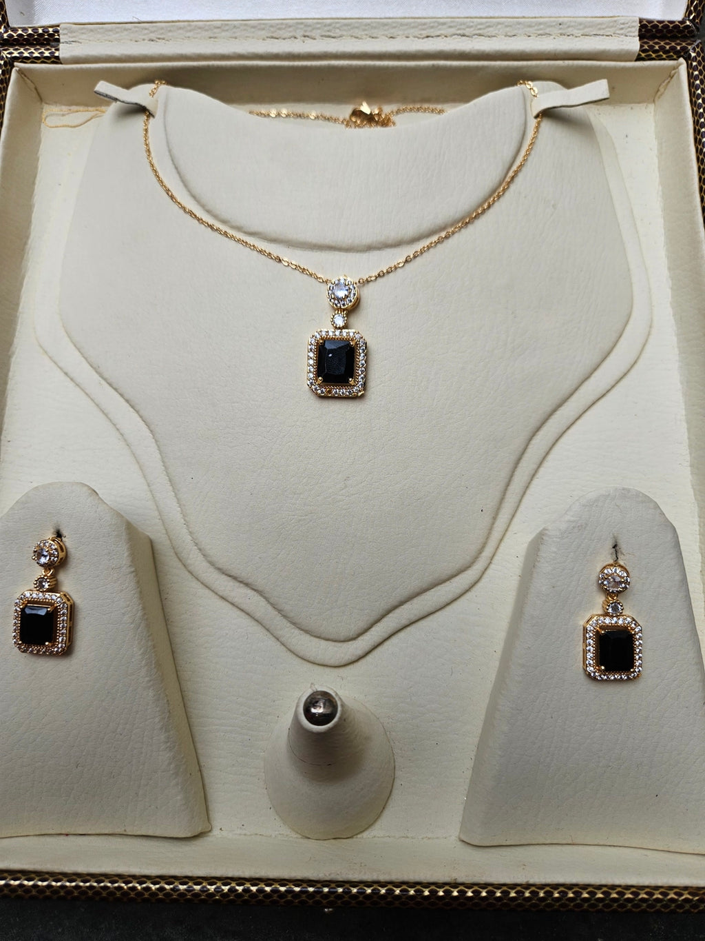 Elegant Gold Plated Cubic Zirconia Rectangle Stone Pendant Necklace & Earring Jewelry Set for Women
