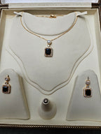 Elegant Gold Plated Cubic Zirconia Rectangle Stone Pendant Necklace & Earring Jewelry Set for Women