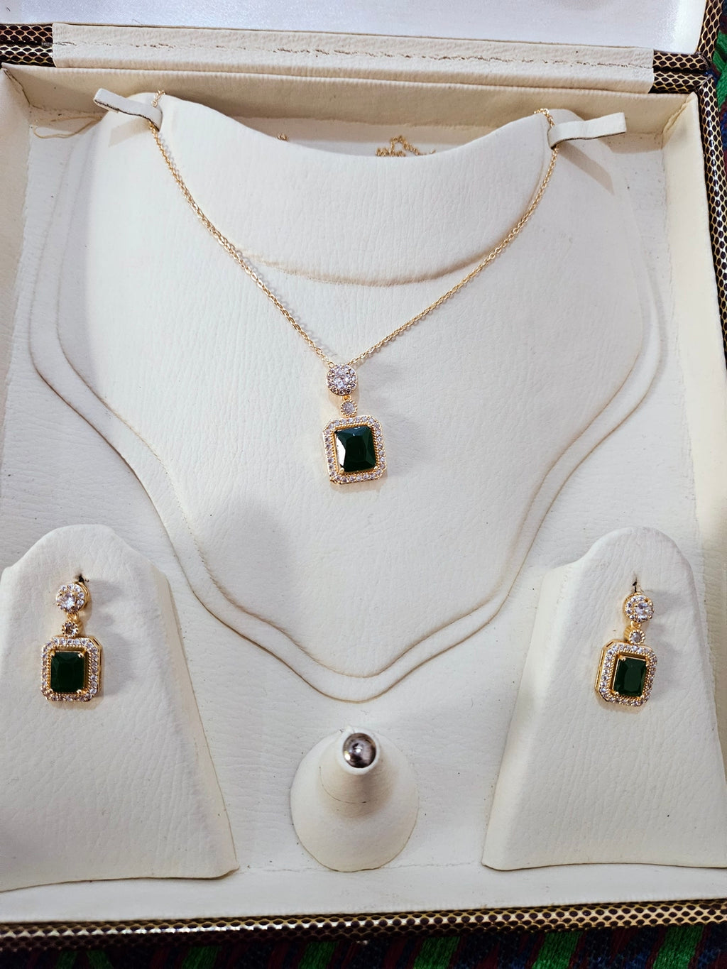 Elegant Gold Plated Cubic Zirconia Rectangle Stone Pendant Necklace & Earring Jewelry Set for Women