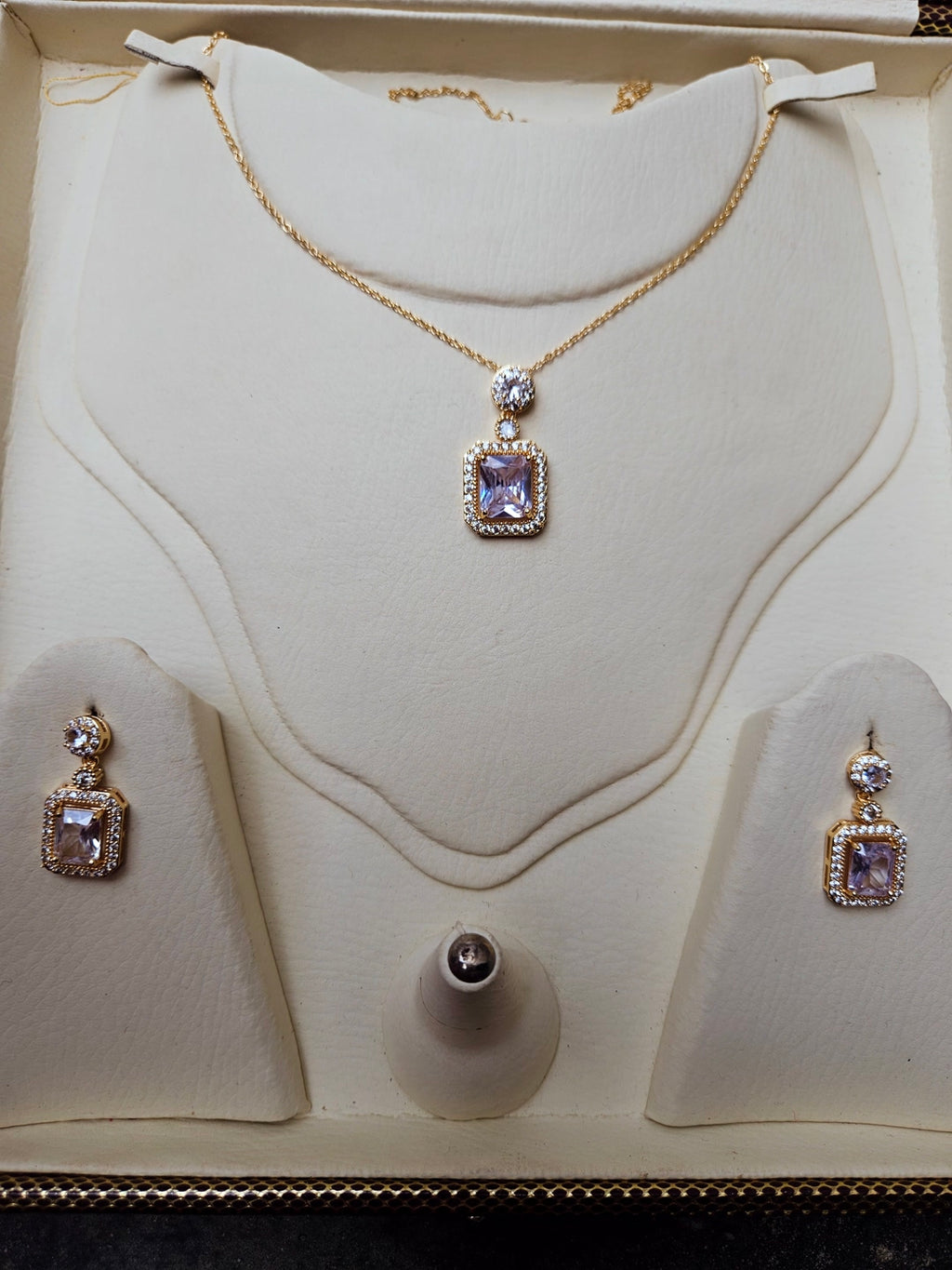 Elegant Gold Plated Cubic Zirconia Rectangle Stone Pendant Necklace & Earring Jewelry Set for Women