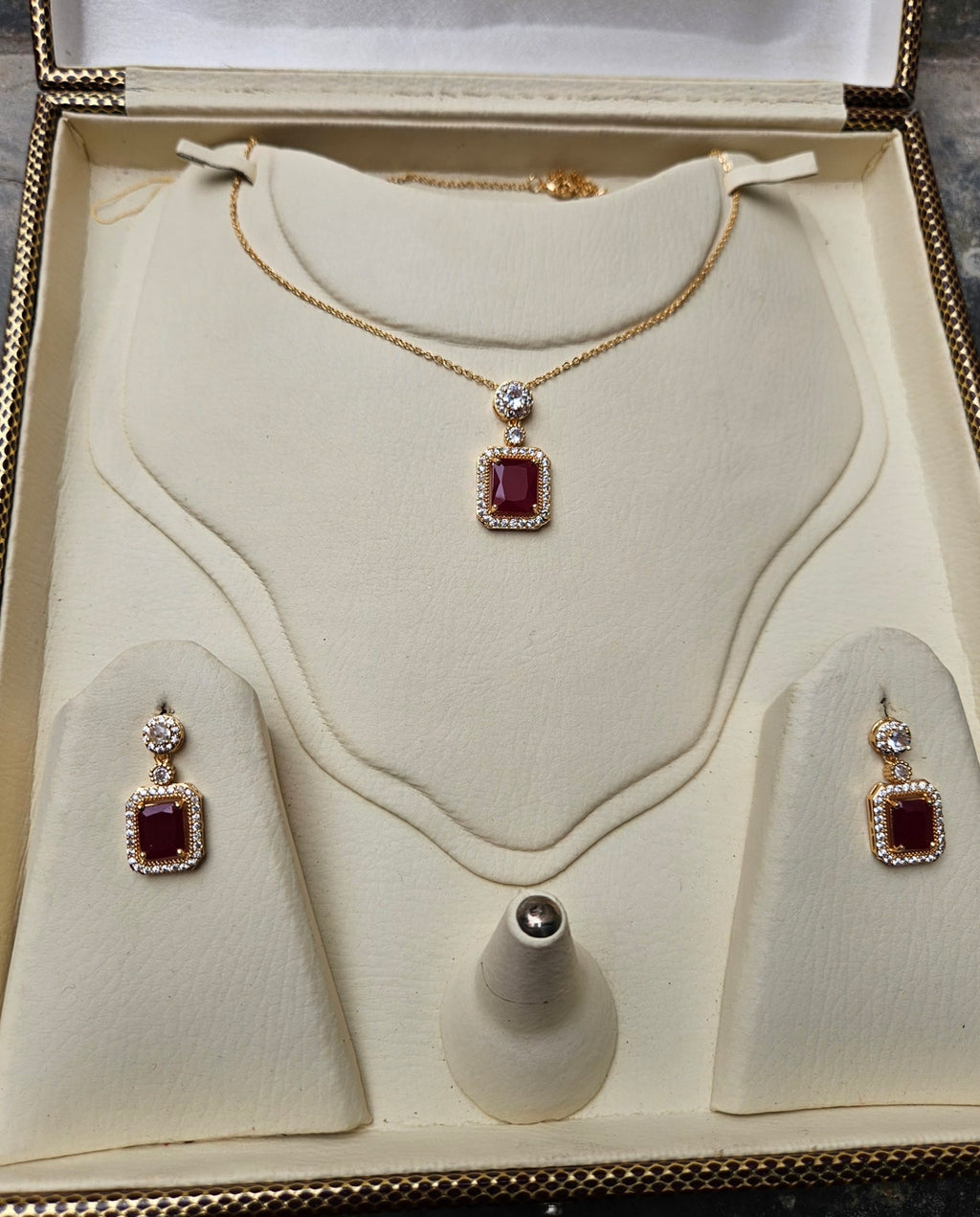 Elegant Gold Plated Cubic Zirconia Rectangle Stone Pendant Necklace & Earring Jewelry Set for Women