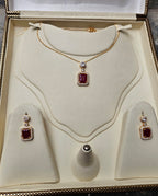Elegant Gold Plated Cubic Zirconia Rectangle Stone Pendant Necklace & Earring Jewelry Set for Women