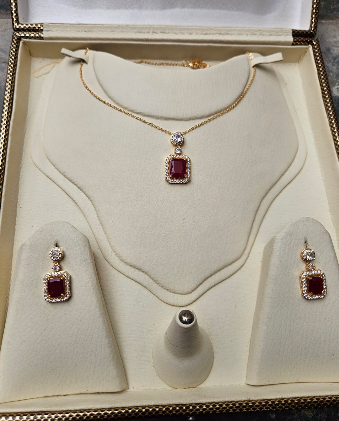 Elegant Gold Plated Cubic Zirconia Rectangle Stone Pendant Necklace & Earring Jewelry Set for Women