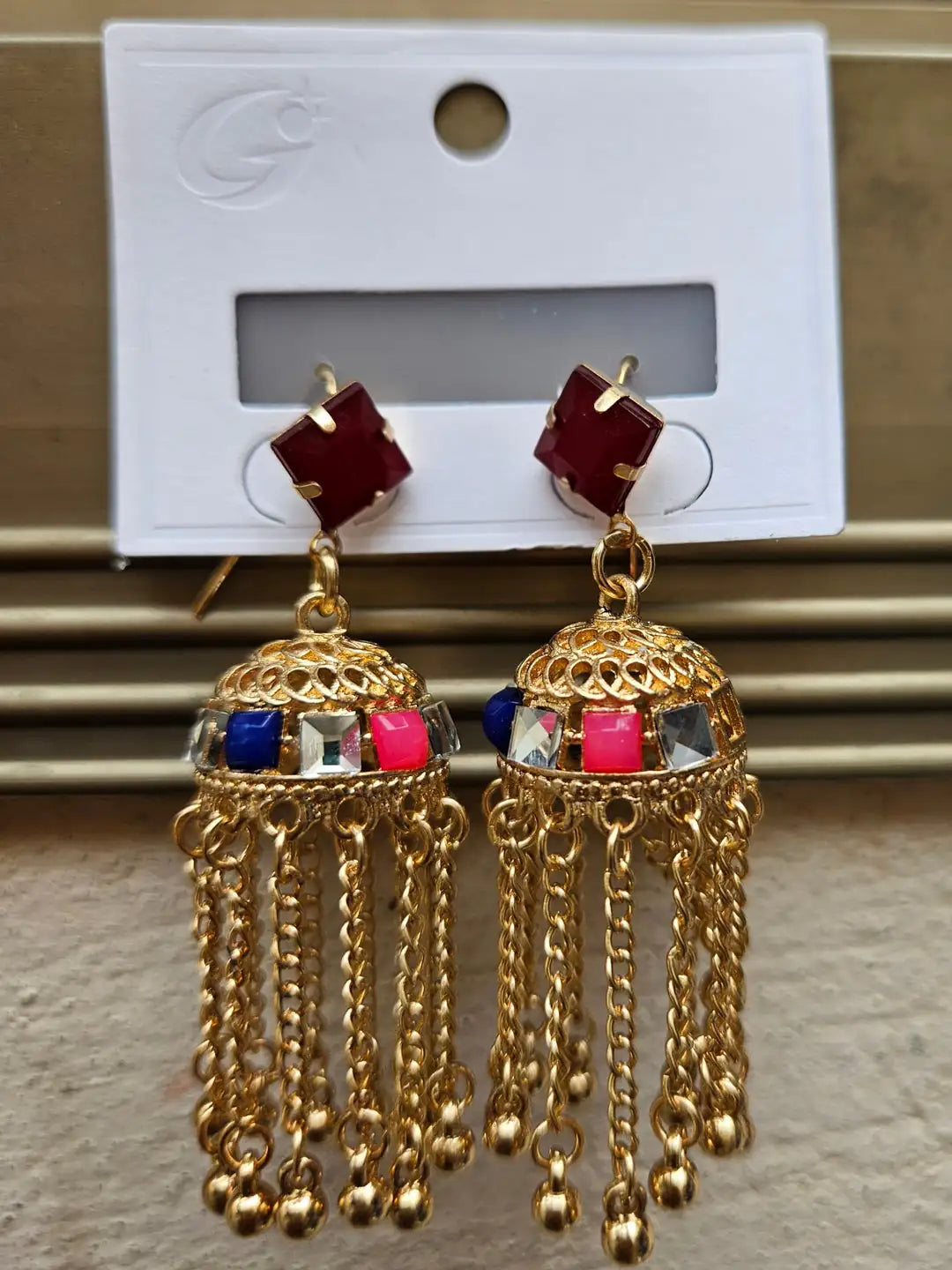 Kashmiri Traditional Gold-Plated Tassel Jhumkas with Premium Stone Accents – Ethnic Bridal & Party Wear Earrings