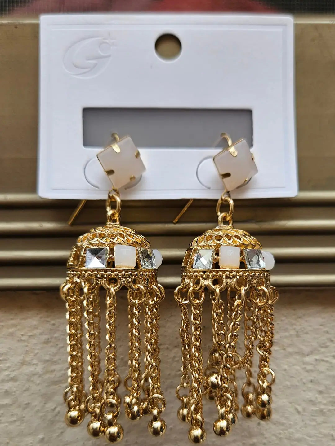 Kashmiri Traditional Gold-Plated Tassel Jhumkas with Premium Stone Accents – Ethnic Bridal & Party Wear Earrings