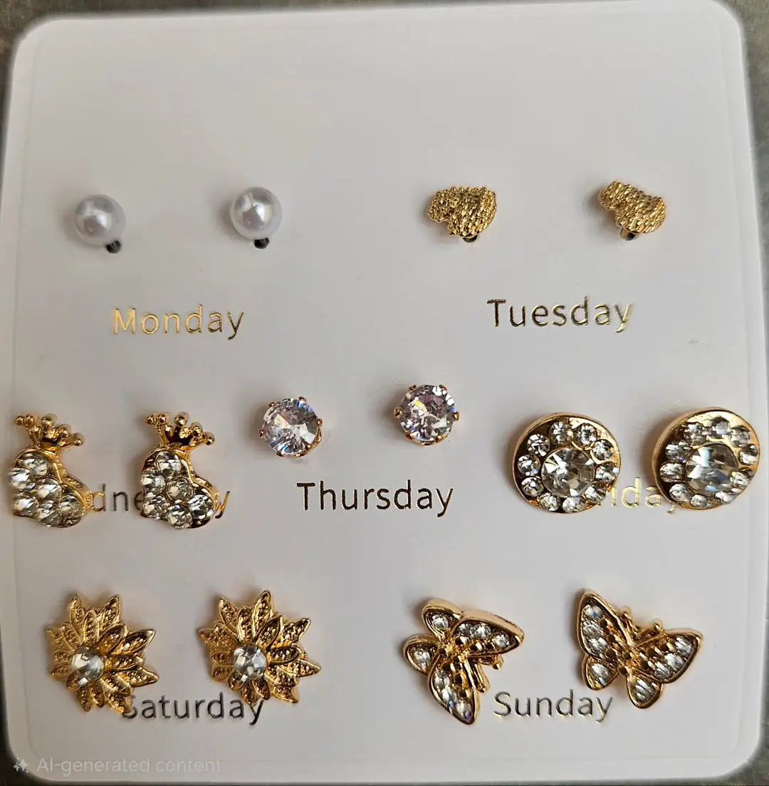 7-Day Weekly Stud Earrings Set – Korean Style 7 Pairs Gold Plated Multi-Design Gift Box