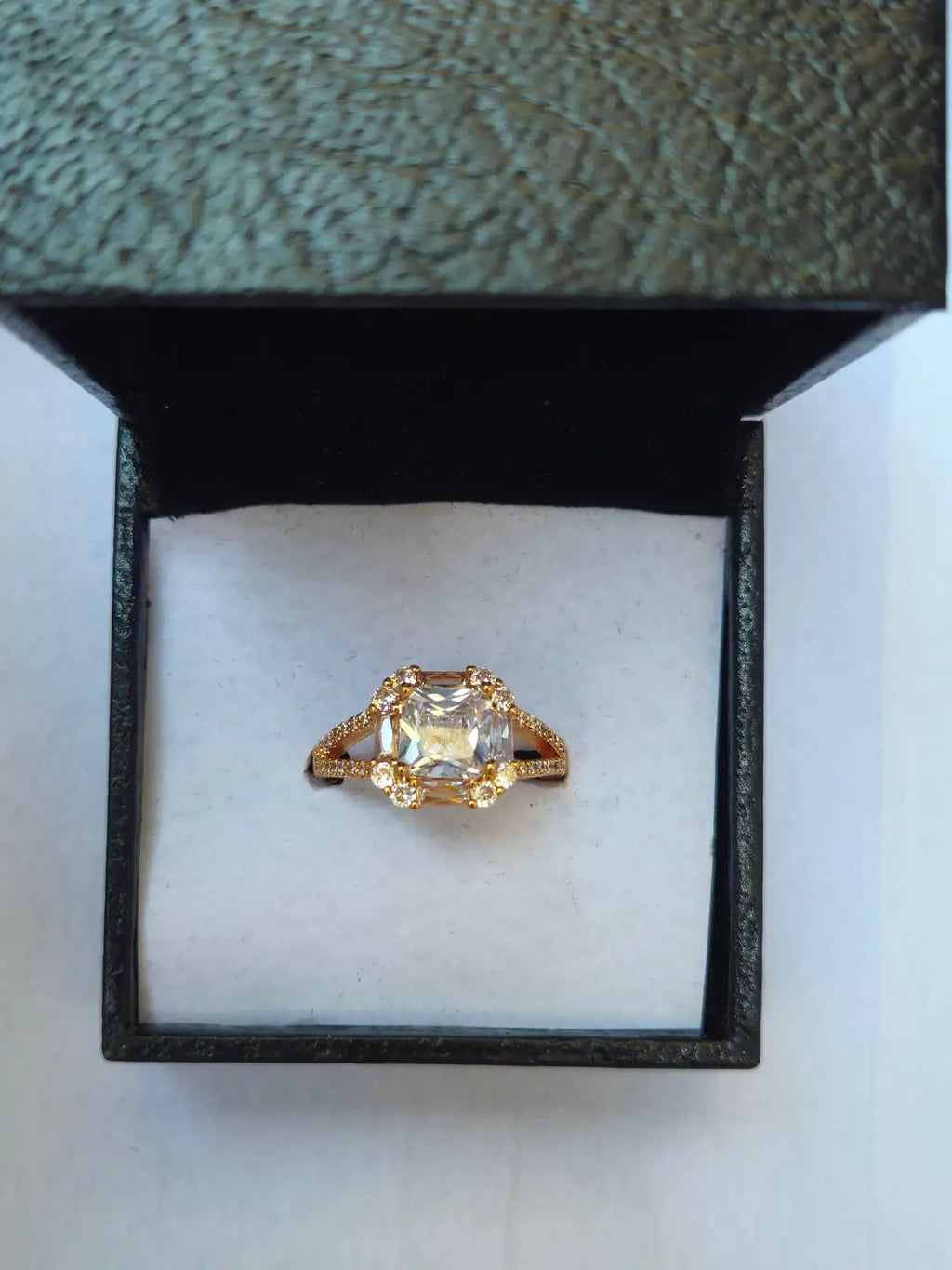 Royal Emerald-Cut Adjustable Halo Ring – Premium Gold-Plated Statement Ring for Women & Girls