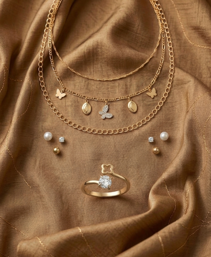 3 Layer Necklace, Simple Ring & Stud Earrings Combo for Women