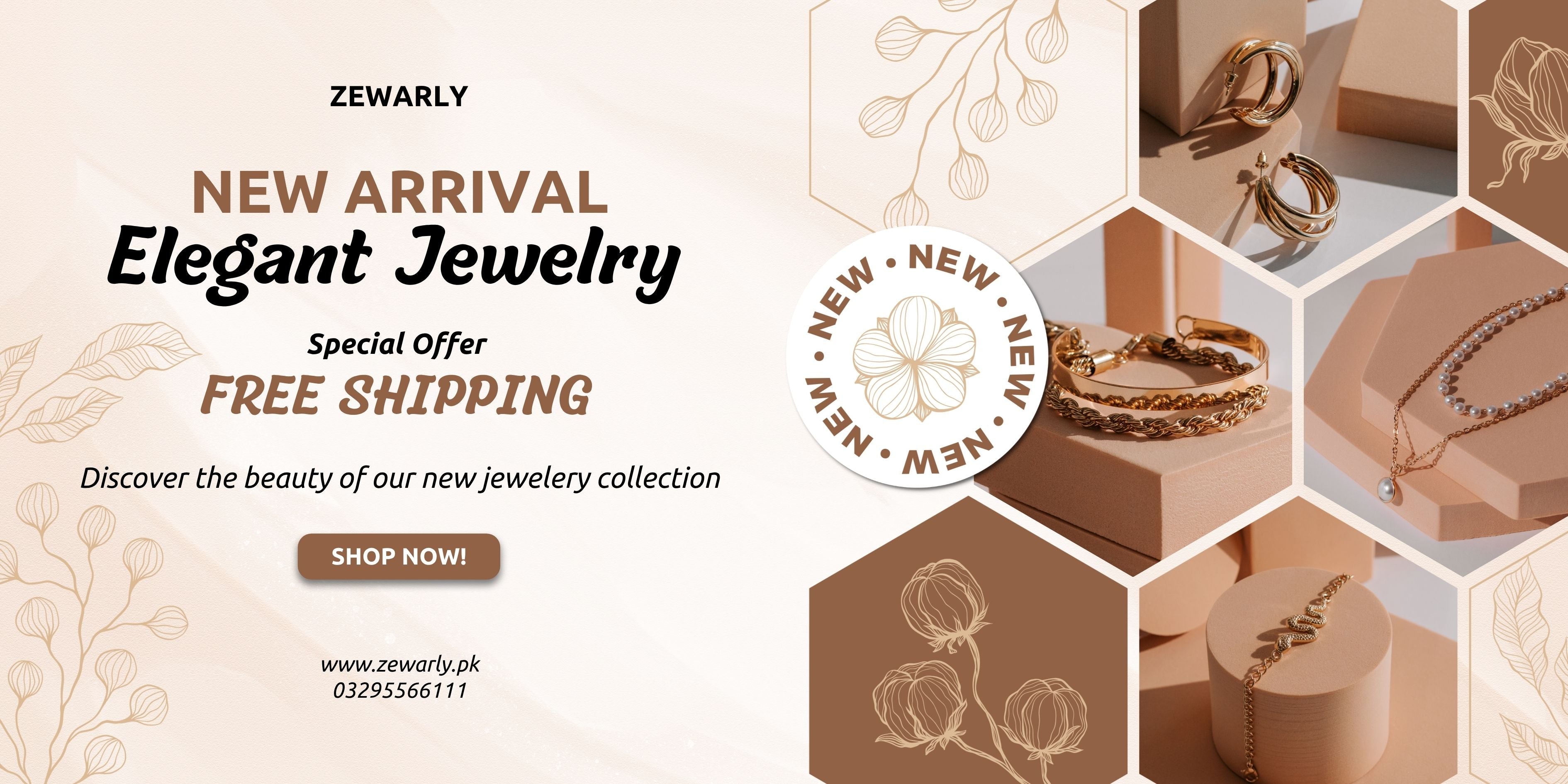 Promotional banner for Zewary jewelry collection with hexagonal layout and product images.