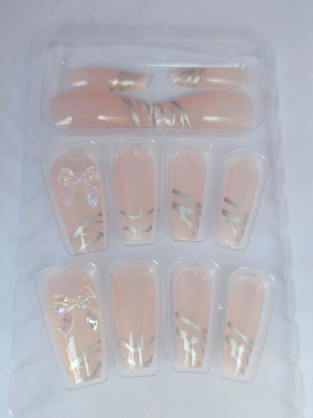 Luxury Designer Press-On Nails Set – Long Coffin Shape with 3D Iridescent Ribbon Bows, Glitter Accents & Trendy Art Designs