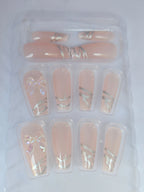 Luxury Designer Press-On Nails Set – Long Coffin Shape with 3D Iridescent Ribbon Bows, Glitter Accents & Trendy Art Designs