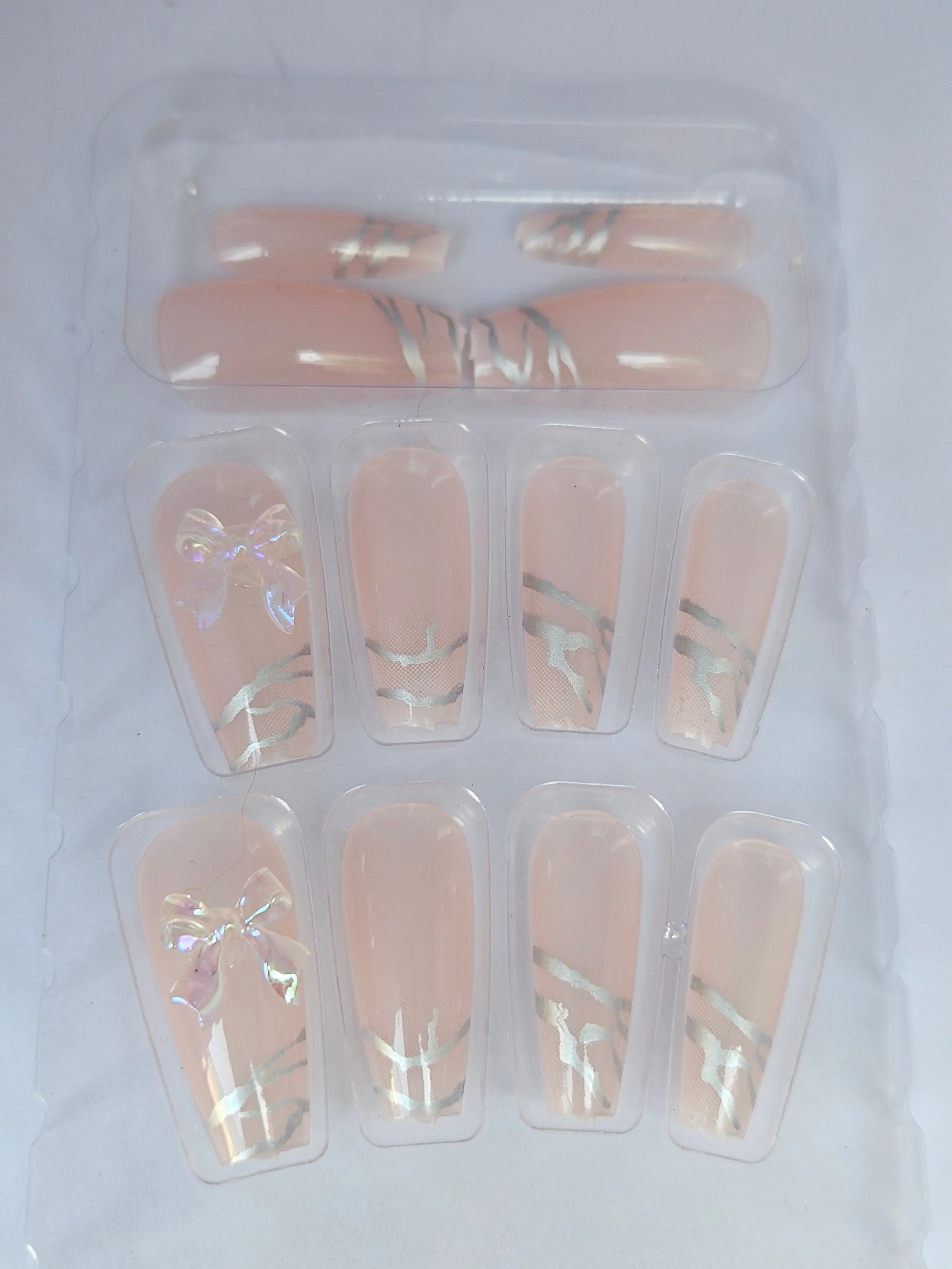 Luxury Designer Press-On Nails Set – Long Coffin Shape with 3D Iridescent Ribbon Bows, Glitter Accents & Trendy Art Designs