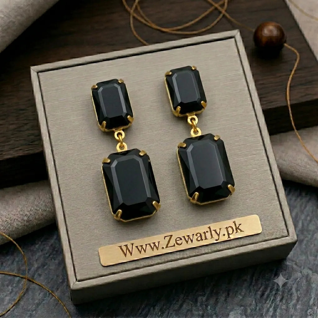 Square Crystal Drop Earrings | 7 Colors | Antique Gold Statement Jewelry – Zewarly.pk