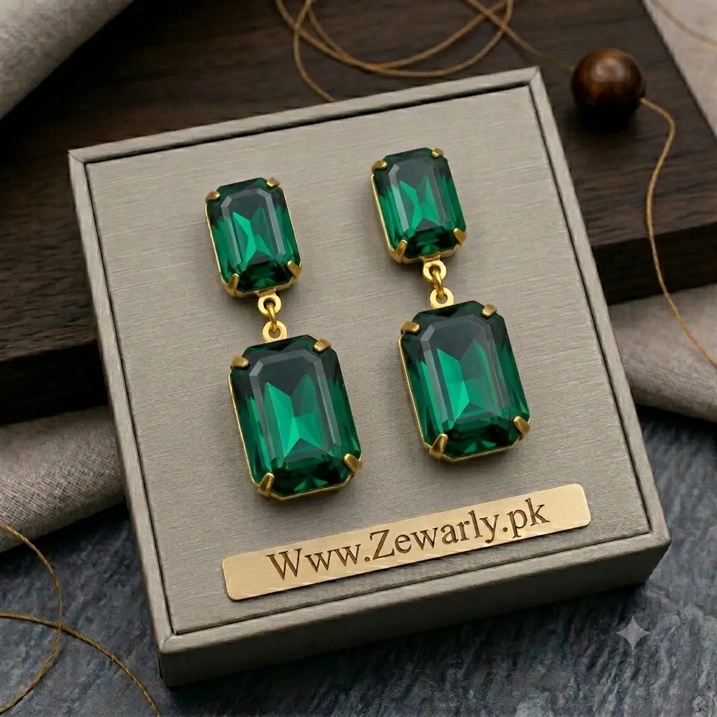 Square Crystal Drop Earrings | 7 Colors | Antique Gold Statement Jewelry – Zewarly.pk