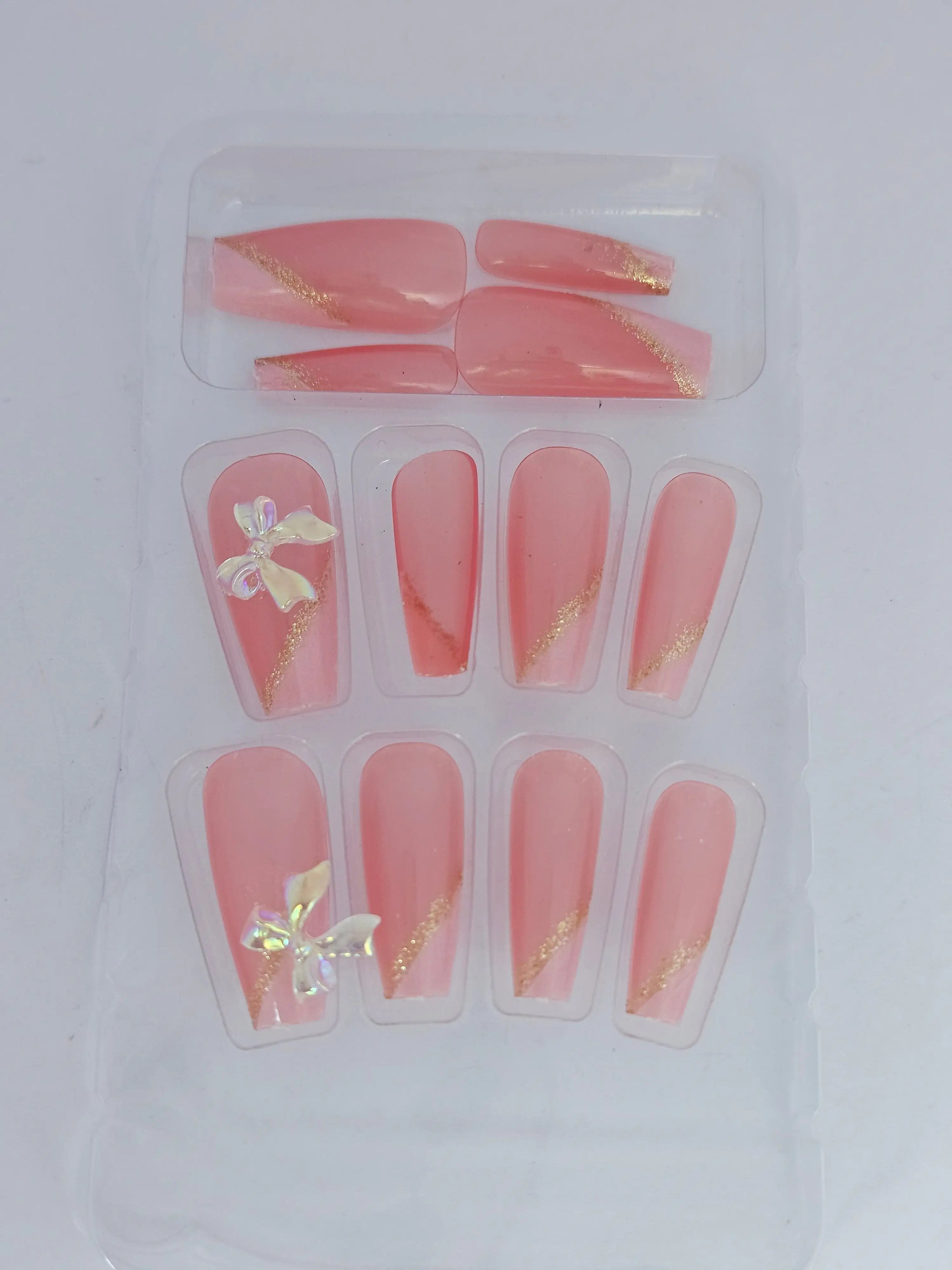 Luxury Designer Press-On Nails Set – Long Coffin Shape with 3D Iridescent Ribbon Bows, Glitter Accents & Trendy Art Designs