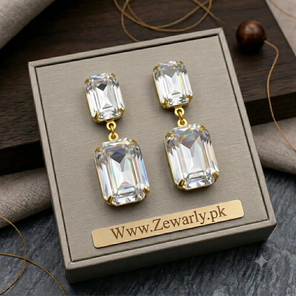 Square Crystal Drop Earrings | 7 Colors | Antique Gold Statement Jewelry – Zewarly.pk
