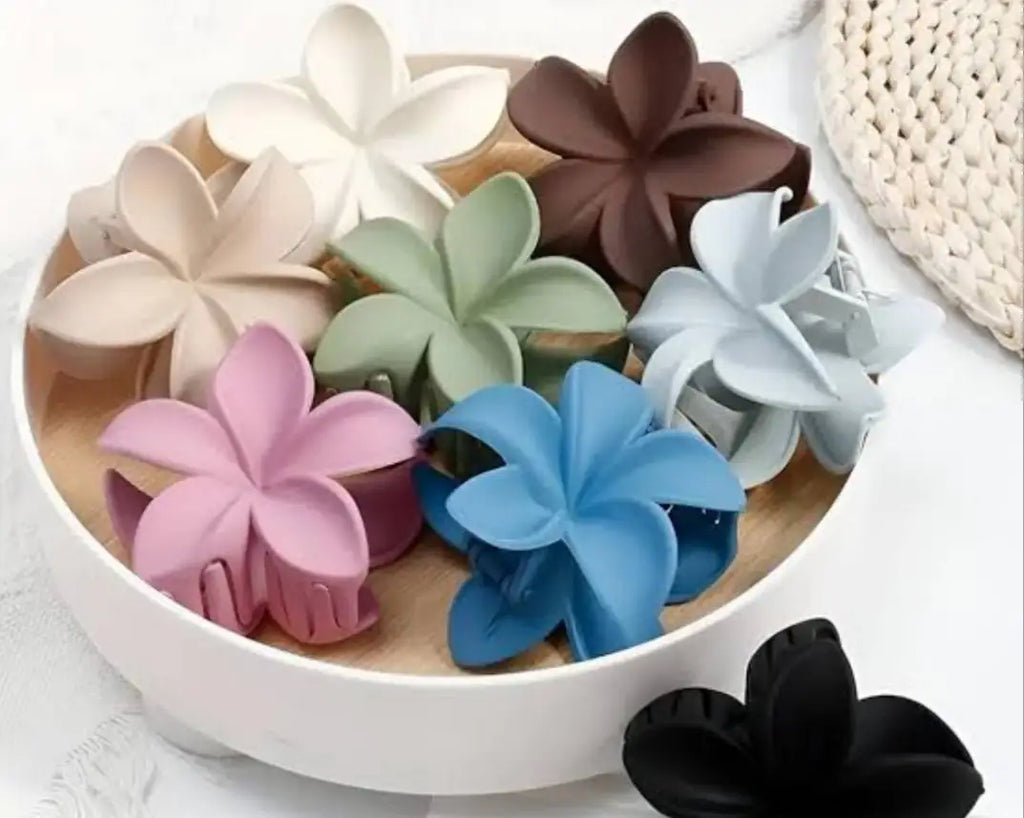 Pack of 4 Matte Flower Hair Claw Clips – Trendy Plumeria Floral Hair Accessories for Women & Girls