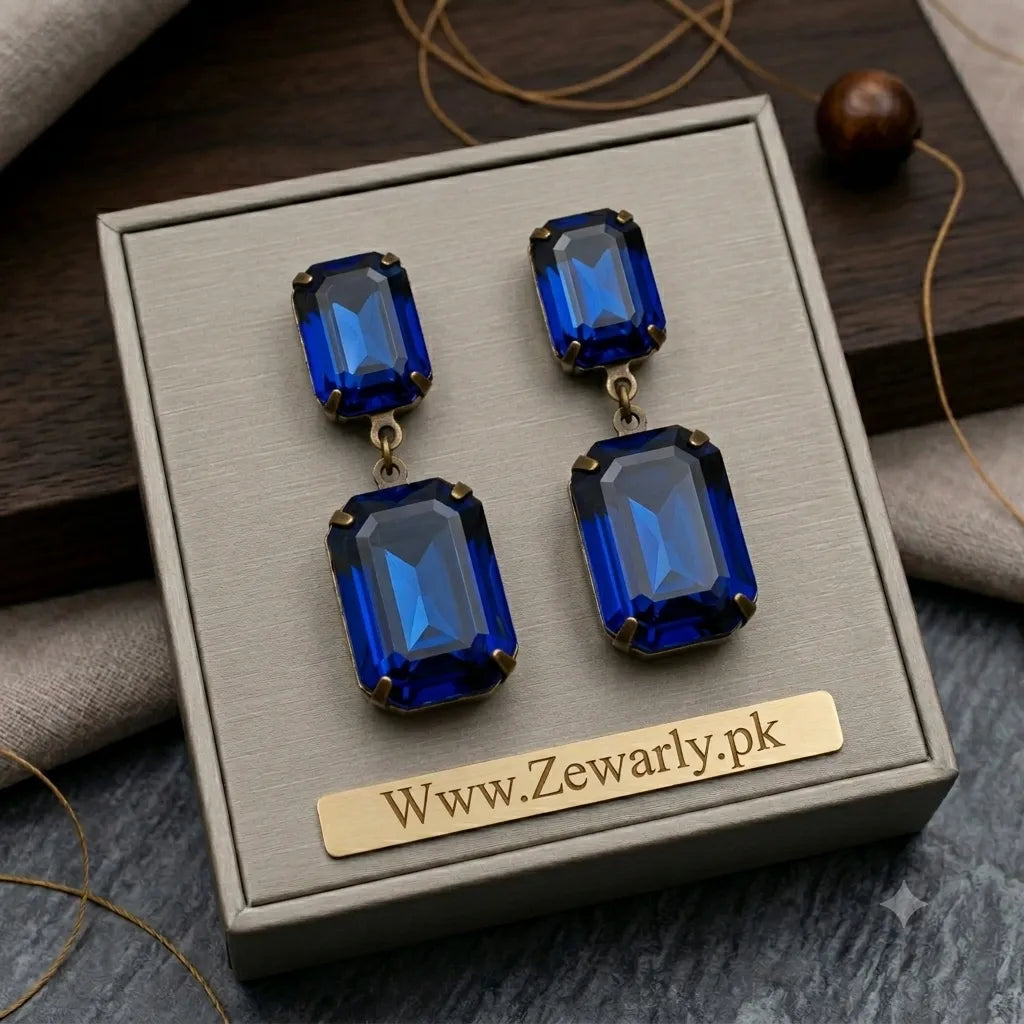 Square Crystal Drop Earrings | 7 Colors | Antique Gold Statement Jewelry – Zewarly.pk