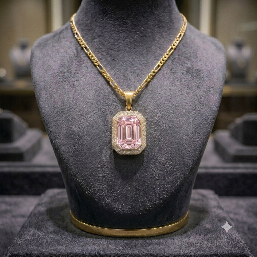 Gold Tone Emerald Cut Crystal Pendant Necklace | 6 Colors | Zewarly.pk
