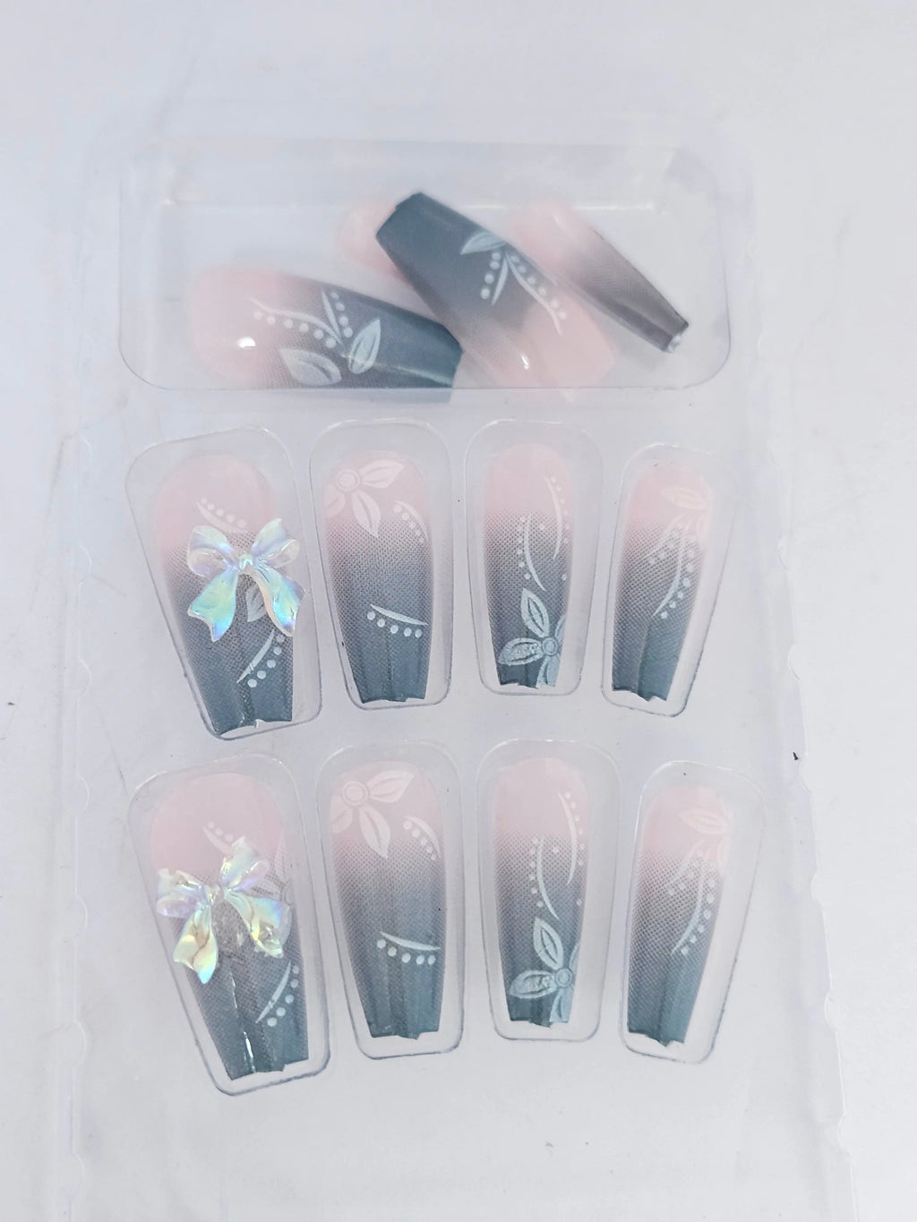 Luxury Designer Press-On Nails Set – Long Coffin Shape with 3D Iridescent Ribbon Bows, Glitter Accents & Trendy Art Designs