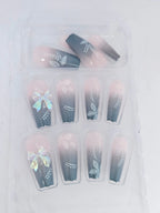 Luxury Designer Press-On Nails Set – Long Coffin Shape with 3D Iridescent Ribbon Bows, Glitter Accents & Trendy Art Designs