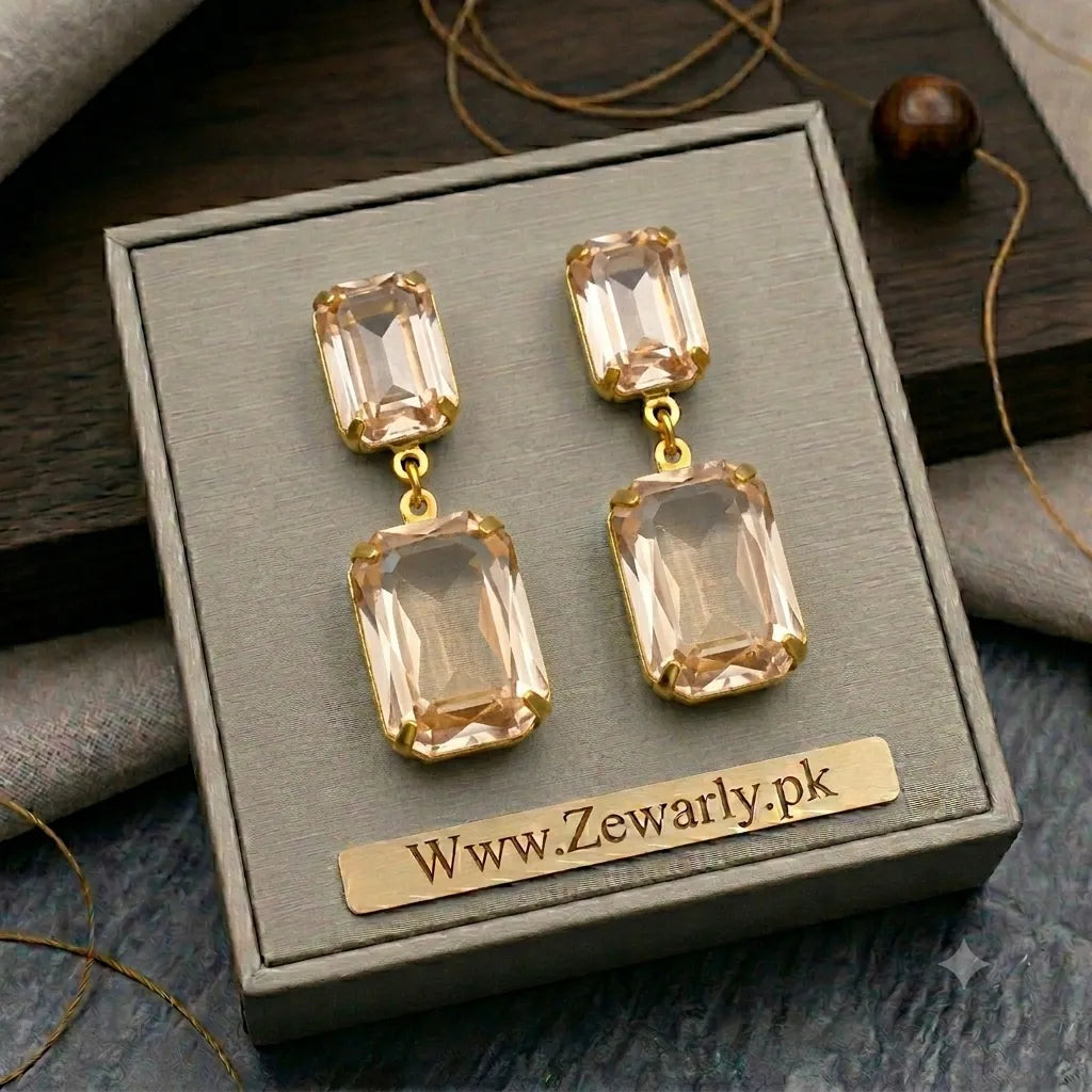 Square Crystal Drop Earrings | 7 Colors | Antique Gold Statement Jewelry – Zewarly.pk