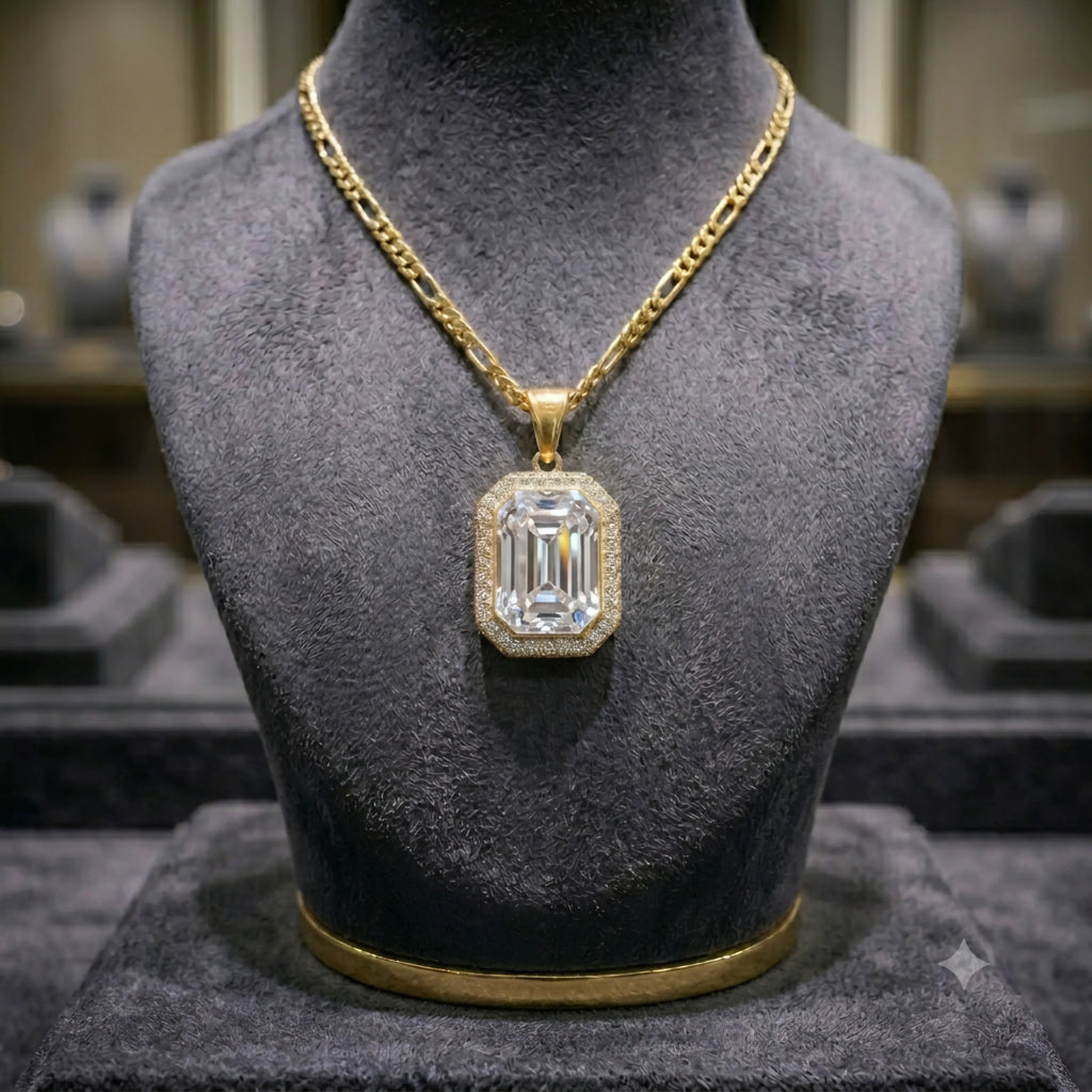 Gold Tone Emerald Cut Crystal Pendant Necklace | 6 Colors | Zewarly.pk