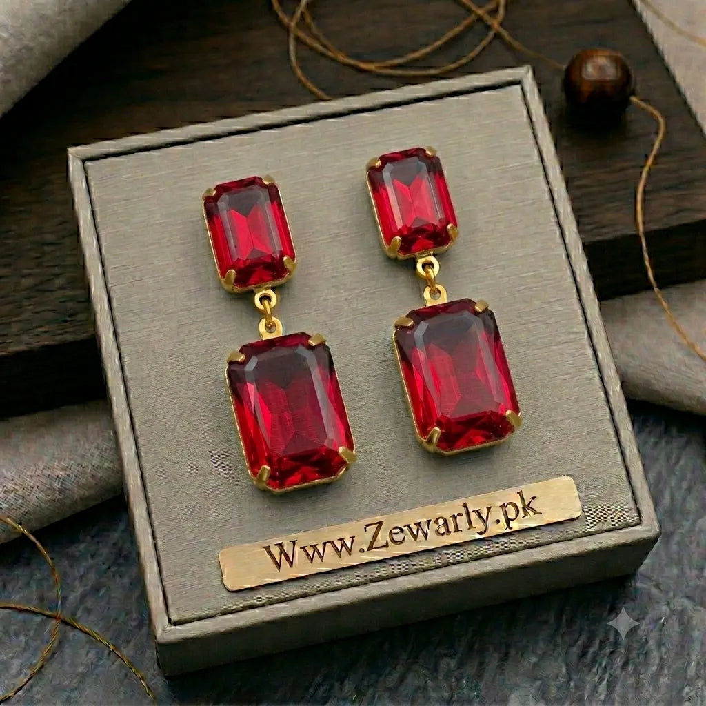 Square Crystal Drop Earrings | 7 Colors | Antique Gold Statement Jewelry – Zewarly.pk